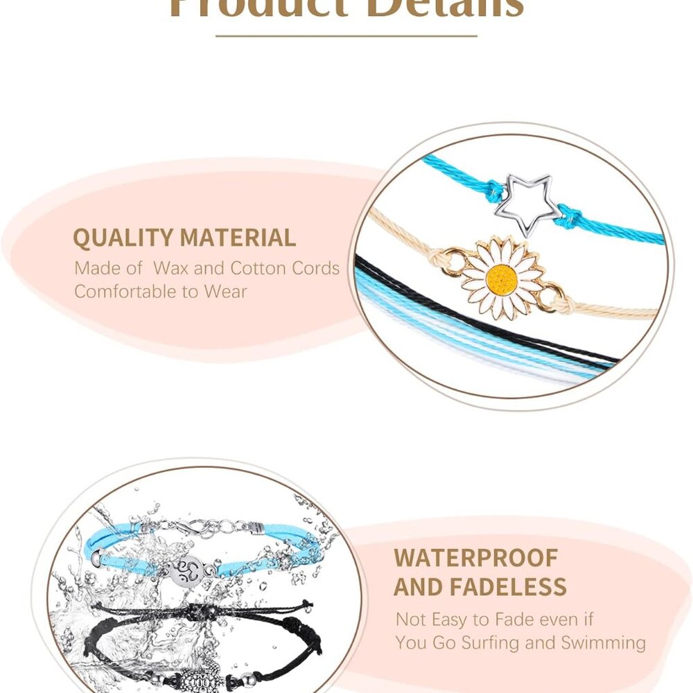 21 Pieces Surfer Wave Bracelet Ocean Wave Adjustable Waterproof Handmade Friends - Picture 3 of 6